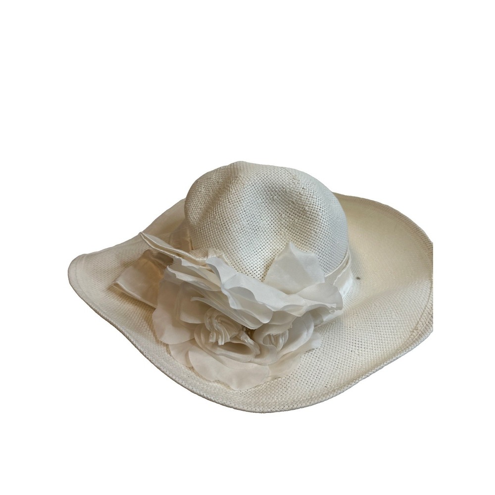 TOUCAN Collection New York White Wide Brim Sun Hat Rose Flower Kentucky Derby
